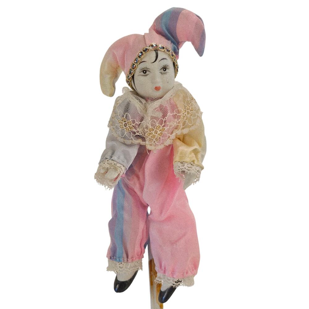 Vintage Porcelain Clown Doll Harlequin Jester Figure Pastel Satin Lace 8”